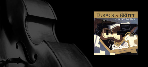 Album cover for 'Láukács & Brott' with a clarinet and guitar illustration on a black background.