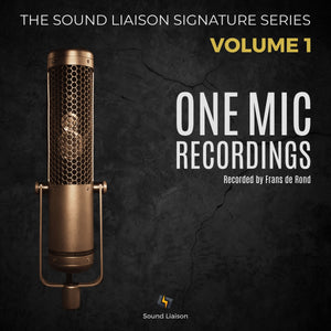 Album-style cover art for 'One Mic Recordings, Volume 1' from The Sound Liaison Signature Series. A vintage-style gold microphone is shown on the left against a dark textured background, with large white title text and yellow 'Volume 1' text on the right.